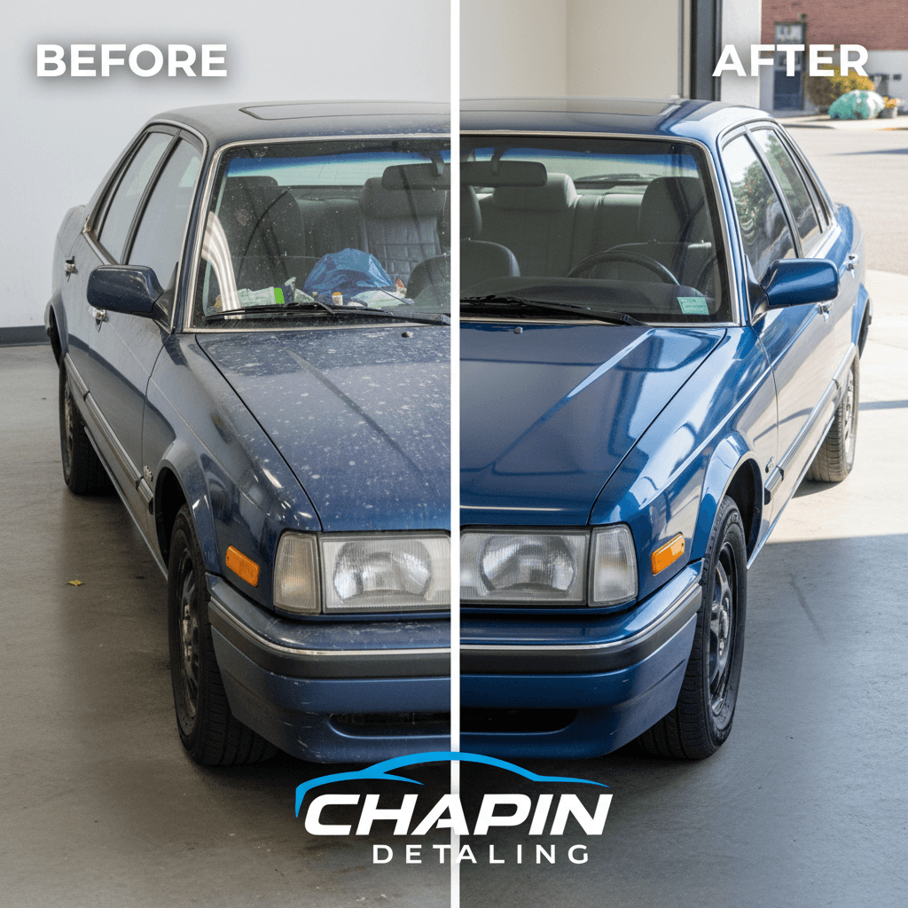 Before-and-after vehicle transformation from Full Reset Bundle detailing service