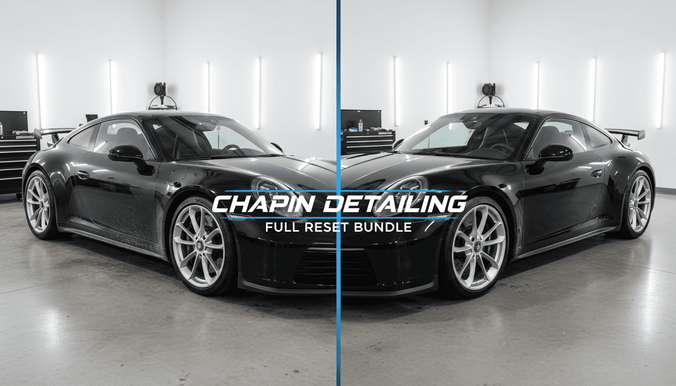 Split-view of a vehicle before and after a Full Reset Bundle detailing, showing a dramatic transformation.