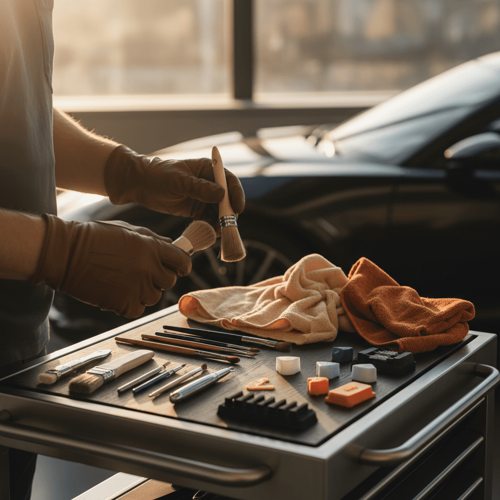 Professional detailing tools and precision equipment used in automotive restoration