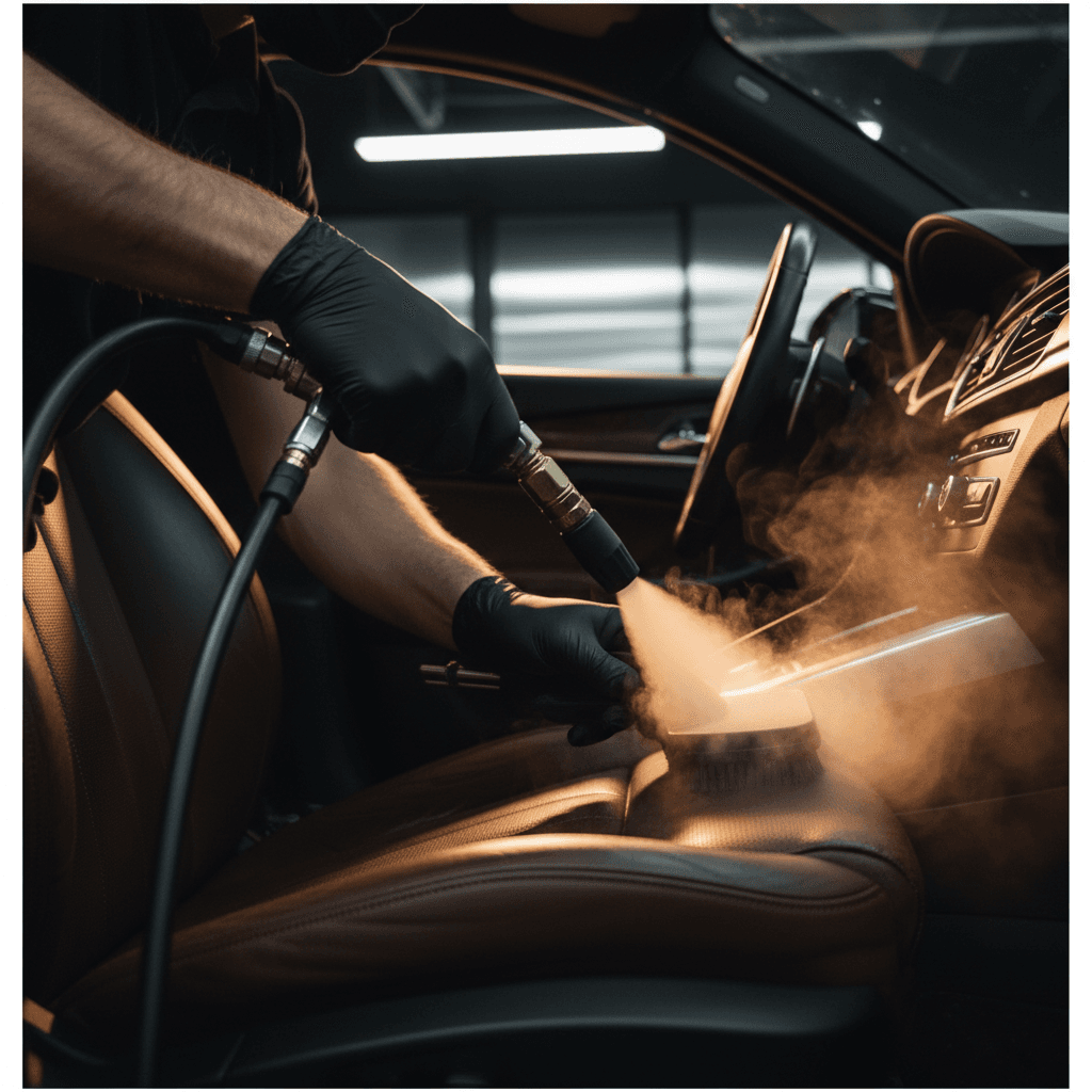 Professional steam cleaning of car interior upholstery with precision care