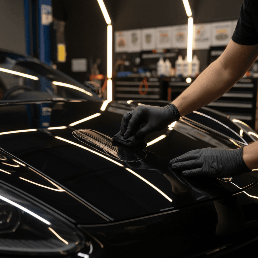 Detailer's gloved hands applying ceramic coating to polished vehicle hood with microfiber applicator in luxury garage setting
