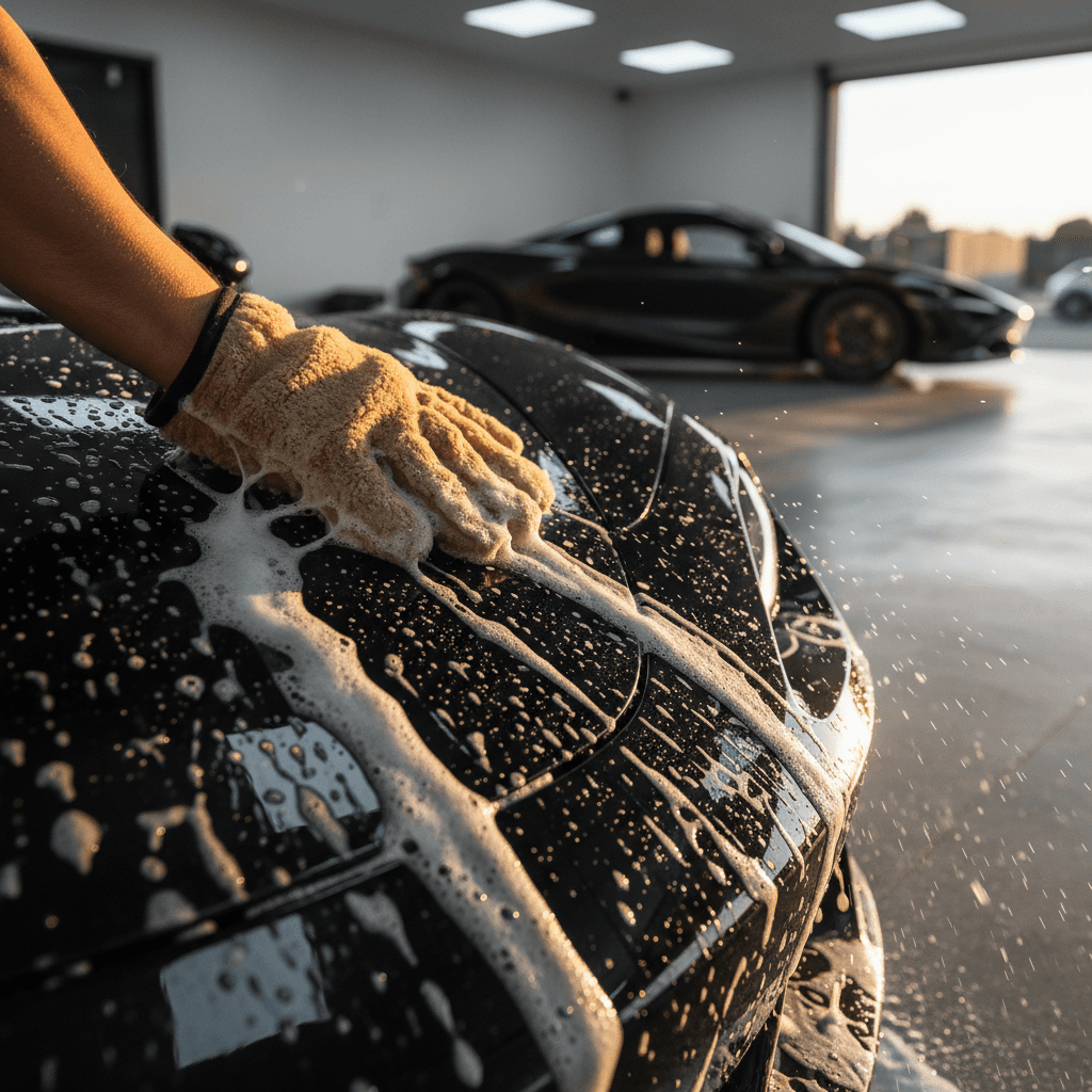 Close-up of hands washing premium black vehicle paint with soft mitt and shampoo in sunlit garage