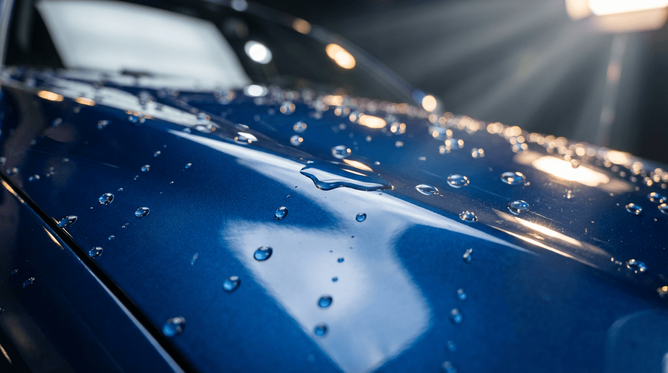 Water beads roll across polished blue car paint with cinematic studio lighting and reflections.