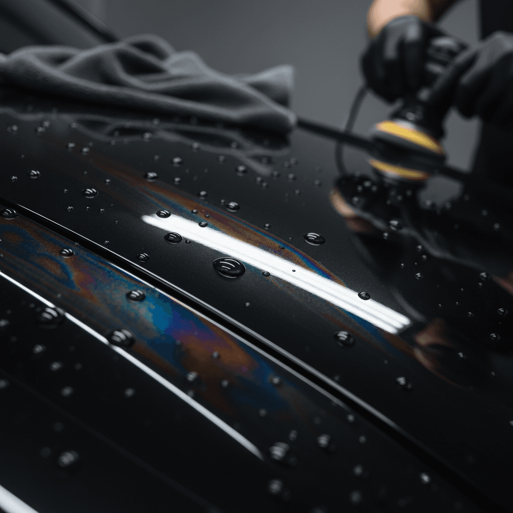 Extreme close-up of polished vehicle paint with water beads and hydrophobic coating reflections