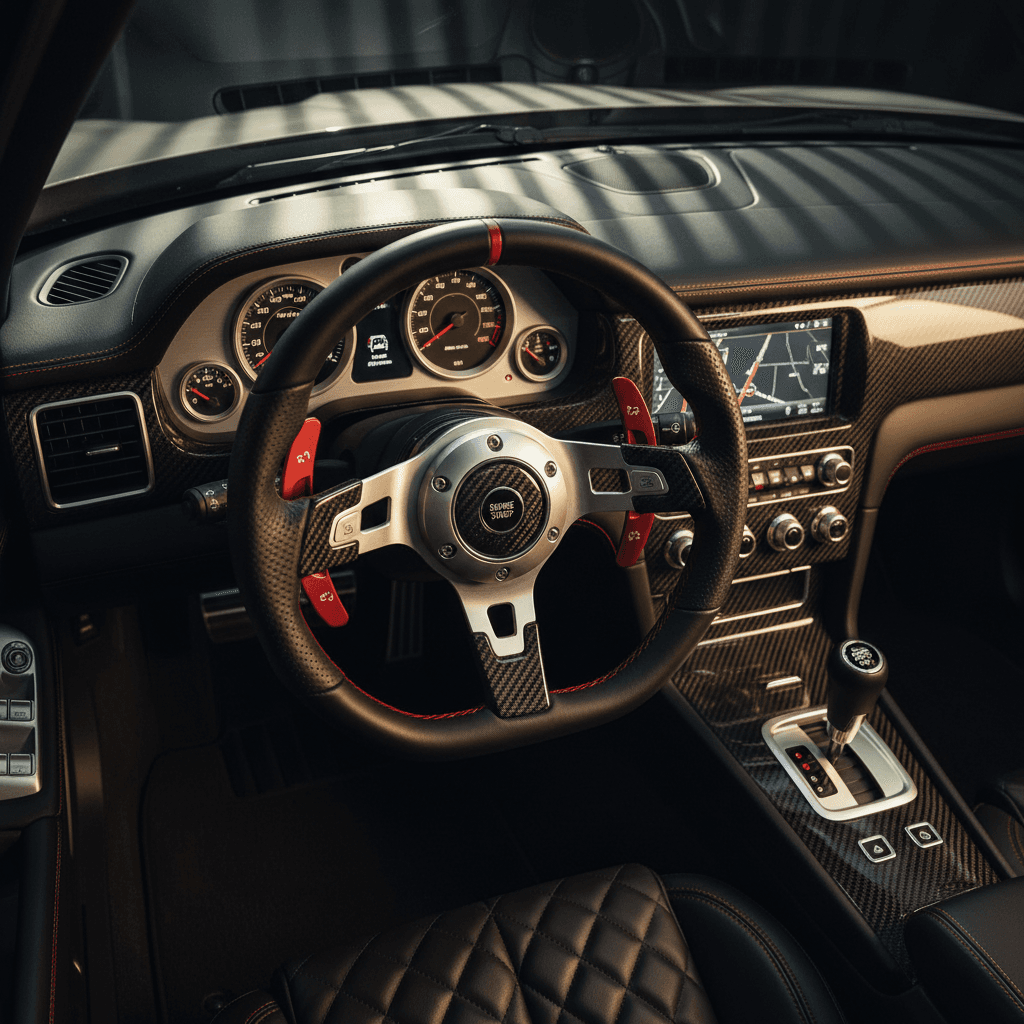 Overhead view of custom vehicle dashboard with premium materials and precision controls in dramatic lighting