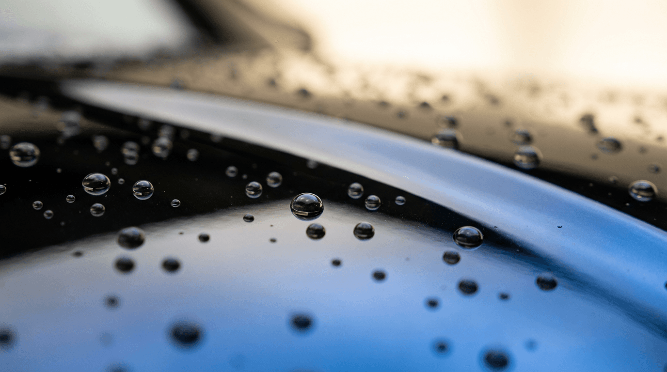Polished car hood gleaming with freshly applied ceramic coating under studio lighting