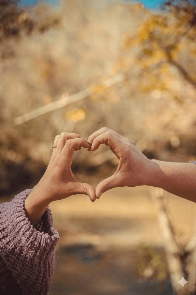 Two hands forming a heart shape against a blurred, warm-toned autumn forest background.