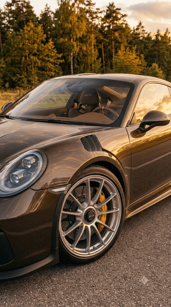 Metallic brown Porsche 911 GT3 with silver wheels parked on a road at sunset.