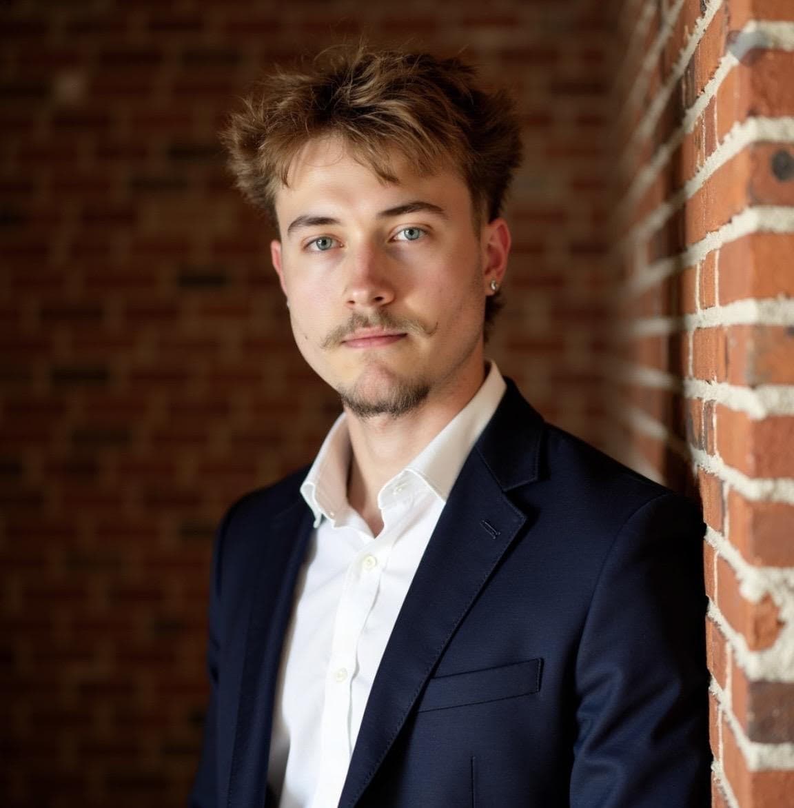 Young man with a mustache and goatee wearing a navy blazer against a brick wall.